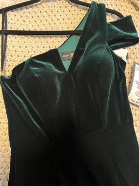 Betsy & Adam Deep Green Velvet One-Shoulder Evening Dress